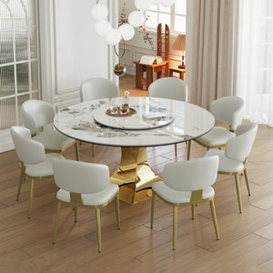 English Elm 59" Round Sintered Stone Dining Set Gold Hourglass Base 8 Upholstered Chairs Luxury W2700S00086