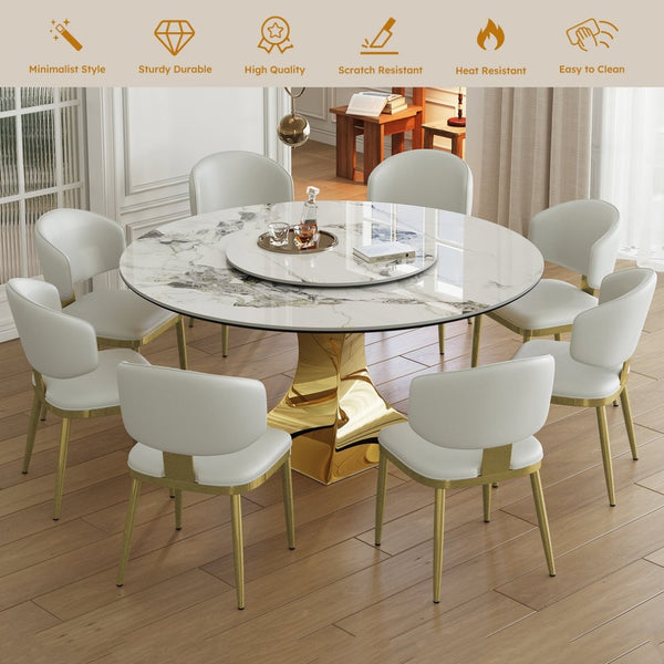 English Elm 59" Round Sintered Stone Dining Set Gold Hourglass Base 8 Upholstered Chairs Luxury W2700S00086