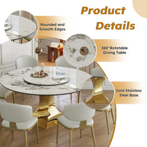 English Elm 59" Round Sintered Stone Dining Set Gold Hourglass Base 8 Upholstered Chairs Luxury W2700S00086