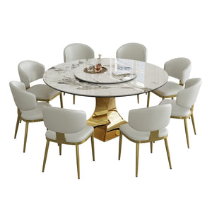 English Elm 59" Round Sintered Stone Dining Set Gold Hourglass Base 8 Upholstered Chairs Luxury W2700S00086