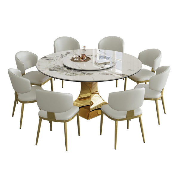 English Elm 59" Round Sintered Stone Dining Set Gold Hourglass Base 8 Upholstered Chairs Luxury W2700S00086