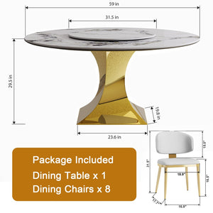 English Elm 59" Round Sintered Stone Dining Set Gold Hourglass Base 8 Upholstered Chairs Luxury W2700S00086