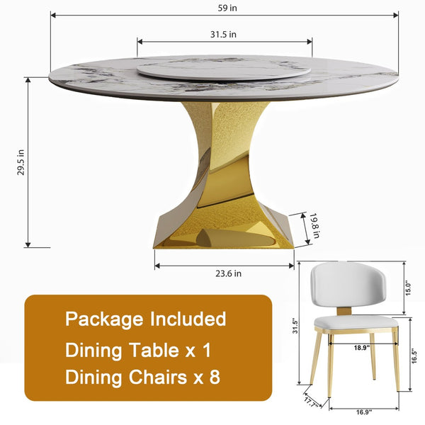 English Elm 59" Round Sintered Stone Dining Set Gold Hourglass Base 8 Upholstered Chairs Luxury W2700S00086