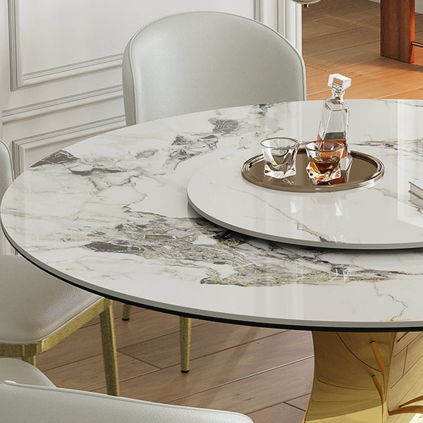 English Elm 59" Round Sintered Stone Dining Set Gold Hourglass Base 8 Upholstered Chairs Luxury W2700S00086