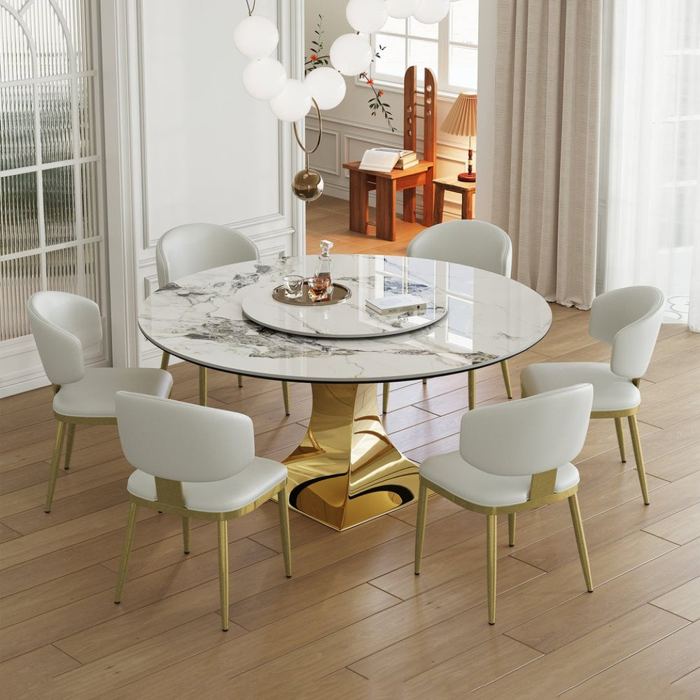 English Elm 59" Round Sintered Stone Dining Set Gold Hourglass Base Six Upholstered Chairs Glam W2700S00088
