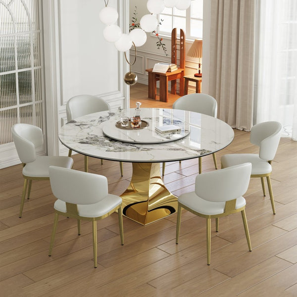 English Elm 59" Round Sintered Stone Dining Set Gold Hourglass Base Six Upholstered Chairs Glam W2700S00088