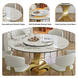 English Elm 59" Round Sintered Stone Dining Set Gold Hourglass Base Six Upholstered Chairs Glam W2700S00088