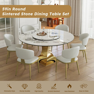 English Elm 59" Round Sintered Stone Dining Set Gold Hourglass Base Six Upholstered Chairs Glam W2700S00088