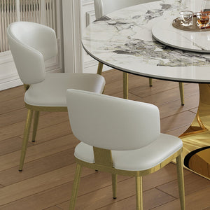 English Elm 59" Round Sintered Stone Dining Set Gold Hourglass Base Six Upholstered Chairs Glam W2700S00088