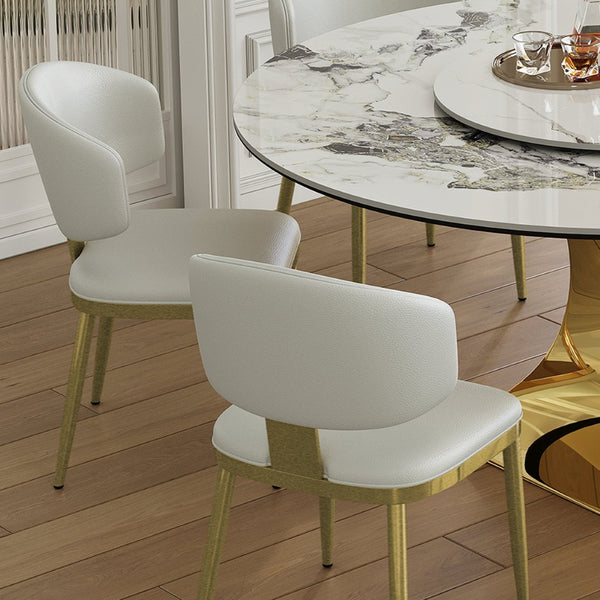 English Elm 59" Round Sintered Stone Dining Set Gold Hourglass Base Six Upholstered Chairs Glam W2700S00088