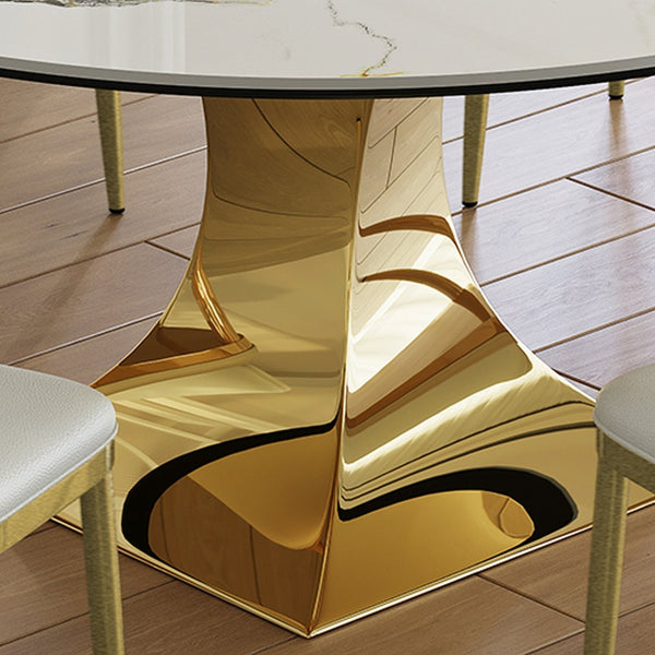 English Elm 59" Round Sintered Stone Dining Set Gold Hourglass Base Six Upholstered Chairs Glam W2700S00088