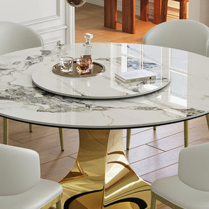 English Elm 59" Round Sintered Stone Dining Set Gold Hourglass Base Six Upholstered Chairs Glam W2700S00088