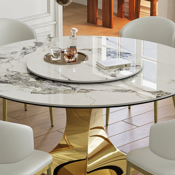 English Elm 59" Round Sintered Stone Dining Set Gold Hourglass Base Six Upholstered Chairs Glam W2700S00088