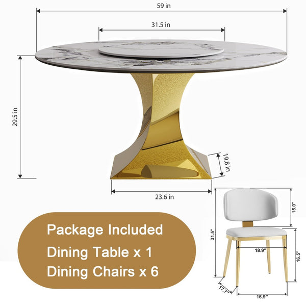 English Elm 59" Round Sintered Stone Dining Set Gold Hourglass Base Six Upholstered Chairs Glam W2700S00088