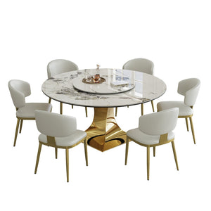 English Elm 59" Round Sintered Stone Dining Set Gold Hourglass Base Six Upholstered Chairs Glam W2700S00088