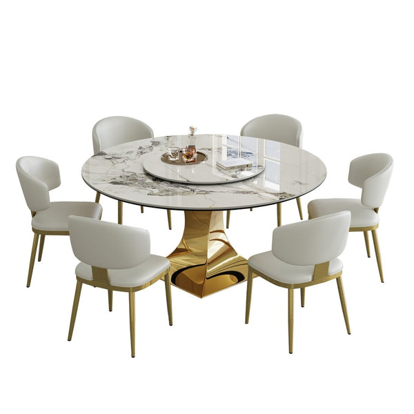 English Elm 59" Round Sintered Stone Dining Set Gold Hourglass Base Six Upholstered Chairs Glam W2700S00088