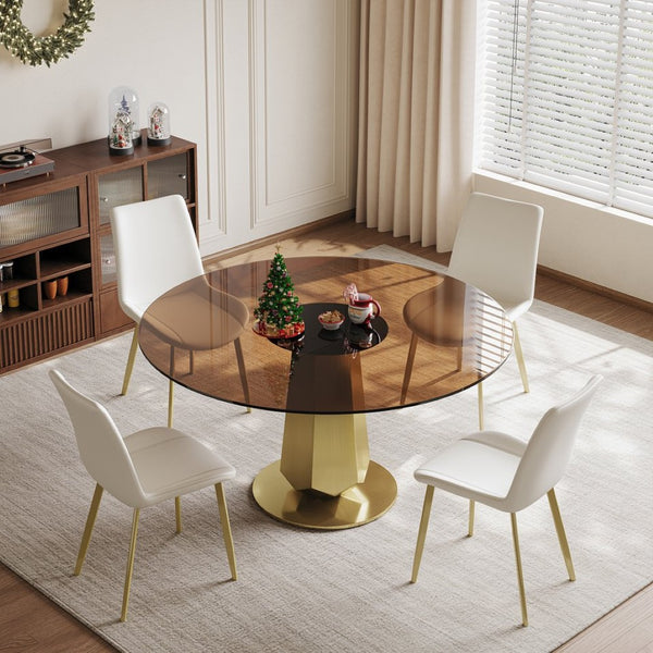 English Elm 53 Inch Round Smoked Glass Dining Table Set with Gold Base and Eight Pu Chairs W2700S00097