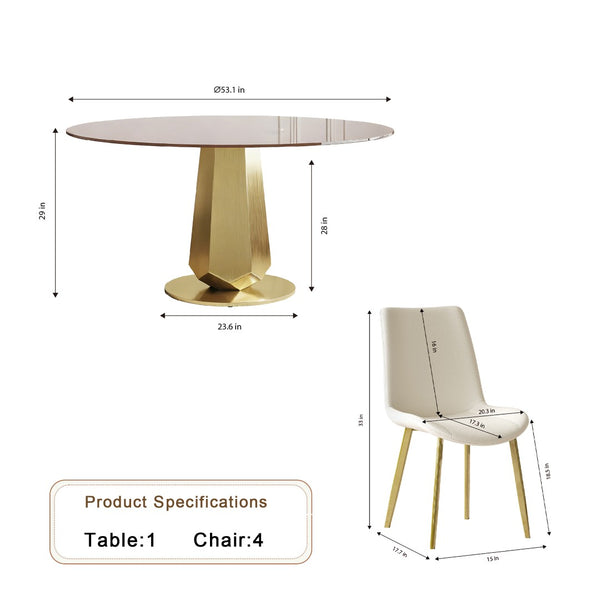 English Elm 53 Inch Round Smoked Glass Dining Table Set with Gold Base and Eight Pu Chairs W2700S00097