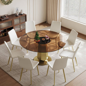 English Elm 53 Inch Round Smoked Glass Dining Table Set with Gold Base and Eight Pu Chairs W2700S00097