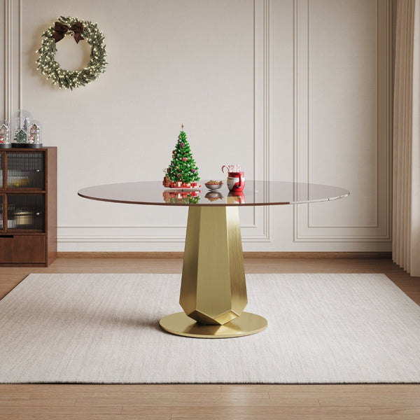 English Elm 53 Inch Round Smoked Glass Dining Table Set with Gold Base and Eight Pu Chairs W2700S00097