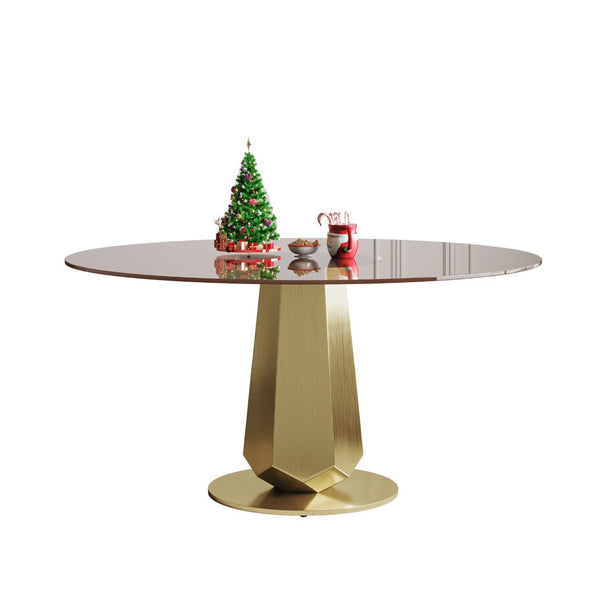 English Elm 53 Inch Round Smoked Glass Dining Table Set with Gold Base and Eight Pu Chairs W2700S00097