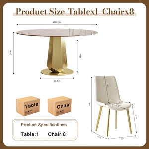 English Elm 53 Inch Round Smoked Glass Dining Table Set with Gold Base and Eight Pu Chairs W2700S00097