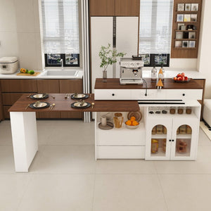 English Elm Kitchen Island Walnut Veneer Retro Expandable Dining Station with Drawers and Glass Cabinet W2700S00116
