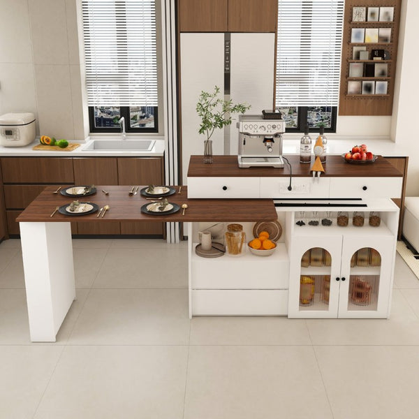 English Elm Kitchen Island Walnut Veneer Retro Expandable Dining Station with Drawers and Glass Cabinet W2700S00116