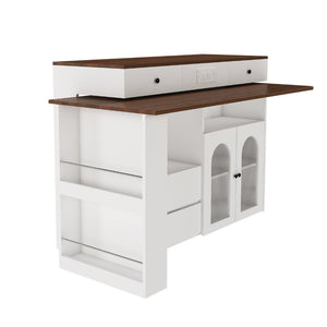 English Elm Kitchen Island Walnut Veneer Retro Expandable Dining Station with Drawers and Glass Cabinet W2700S00116