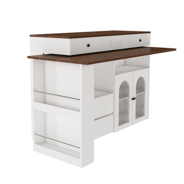 English Elm Kitchen Island Walnut Veneer Retro Expandable Dining Station with Drawers and Glass Cabinet W2700S00116