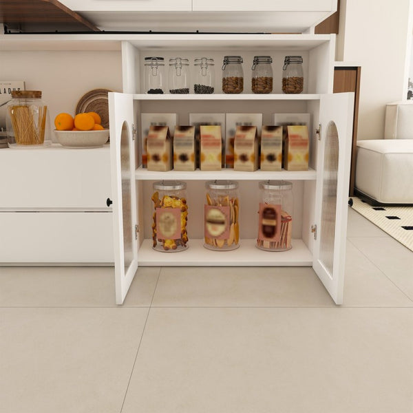 English Elm Kitchen Island Walnut Veneer Retro Expandable Dining Station with Drawers and Glass Cabinet W2700S00116