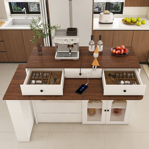 English Elm Kitchen Island Walnut Veneer Retro Expandable Dining Station with Drawers and Glass Cabinet W2700S00116