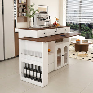English Elm Kitchen Island Walnut Veneer Retro Expandable Dining Station with Drawers and Glass Cabinet W2700S00116