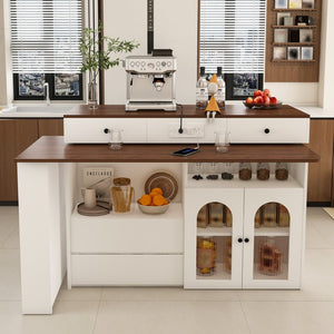 English Elm Kitchen Island Walnut Veneer Retro Expandable Dining Station with Drawers and Glass Cabinet W2700S00116