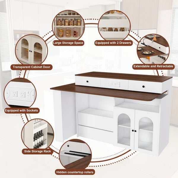English Elm Kitchen Island Walnut Veneer Retro Expandable Dining Station with Drawers and Glass Cabinet W2700S00116