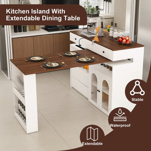 English Elm Kitchen Island Walnut Veneer Retro Expandable Dining Station with Drawers and Glass Cabinet W2700S00116