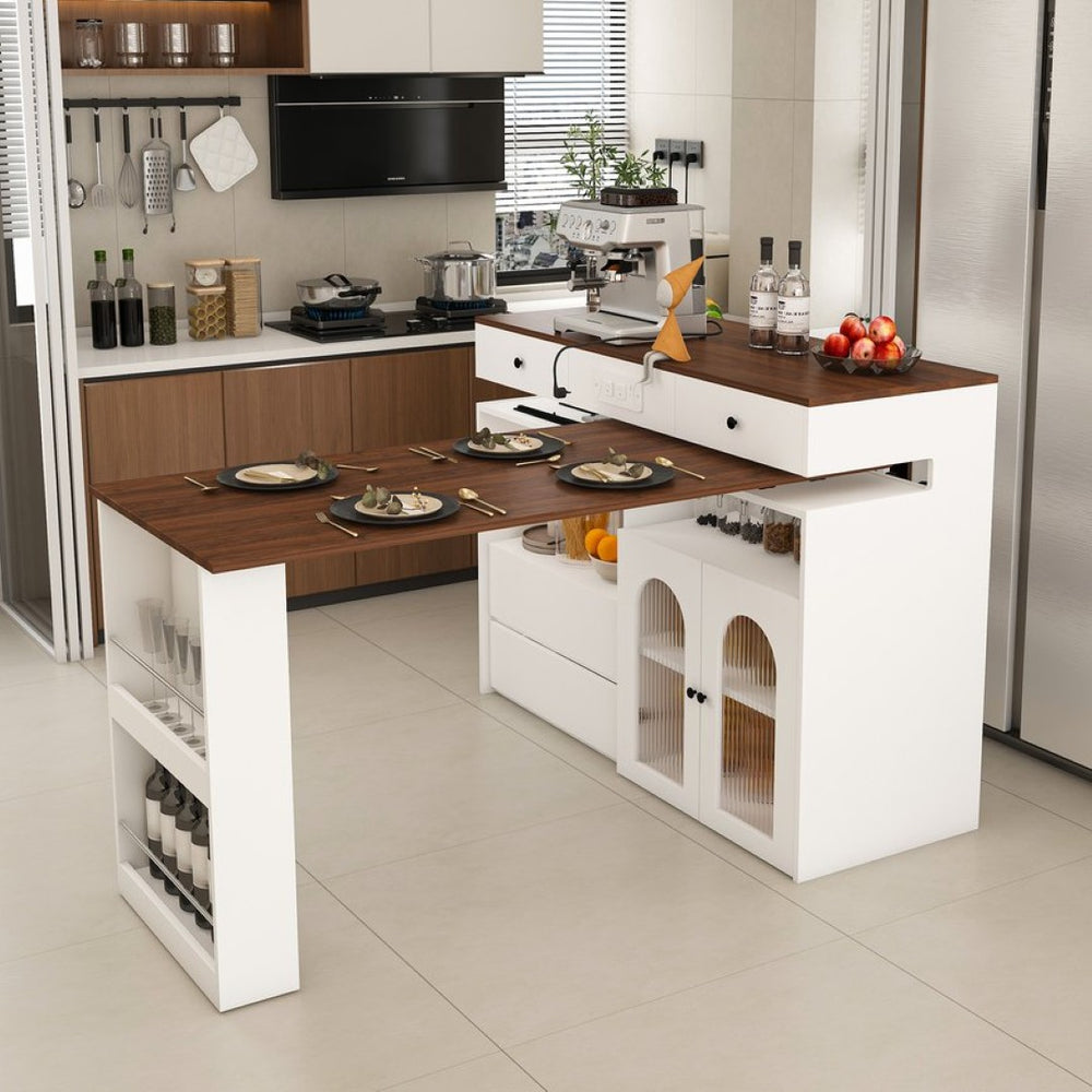 English Elm Kitchen Island Walnut Veneer Retro Expandable Dining Station with Drawers and Glass Cabinet W2700S00116