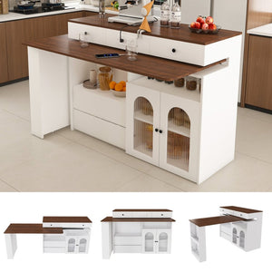 English Elm Kitchen Island Walnut Veneer Retro Expandable Dining Station with Drawers and Glass Cabinet W2700S00116