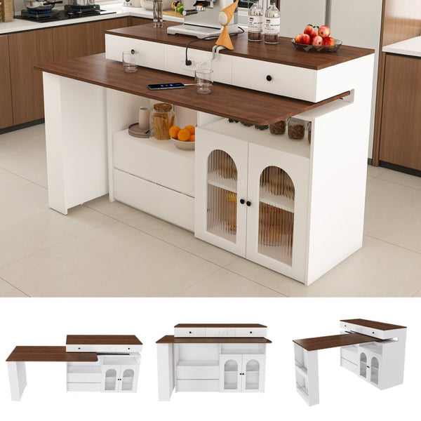 English Elm Kitchen Island Walnut Veneer Retro Expandable Dining Station with Drawers and Glass Cabinet W2700S00116
