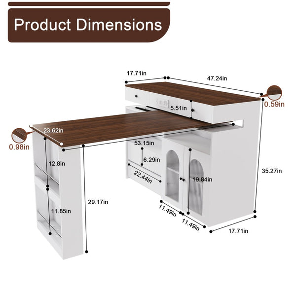 English Elm Kitchen Island Walnut Veneer Retro Expandable Dining Station with Drawers and Glass Cabinet W2700S00116