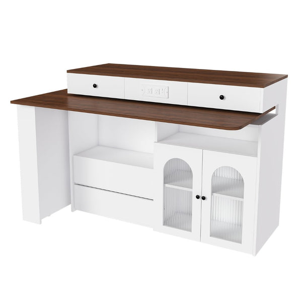 English Elm Kitchen Island Walnut Veneer Retro Expandable Dining Station with Drawers and Glass Cabinet W2700S00116