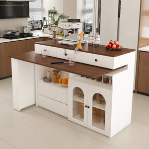 English Elm Kitchen Island Walnut Veneer Retro Expandable Dining Station with Drawers and Glass Cabinet W2700S00116
