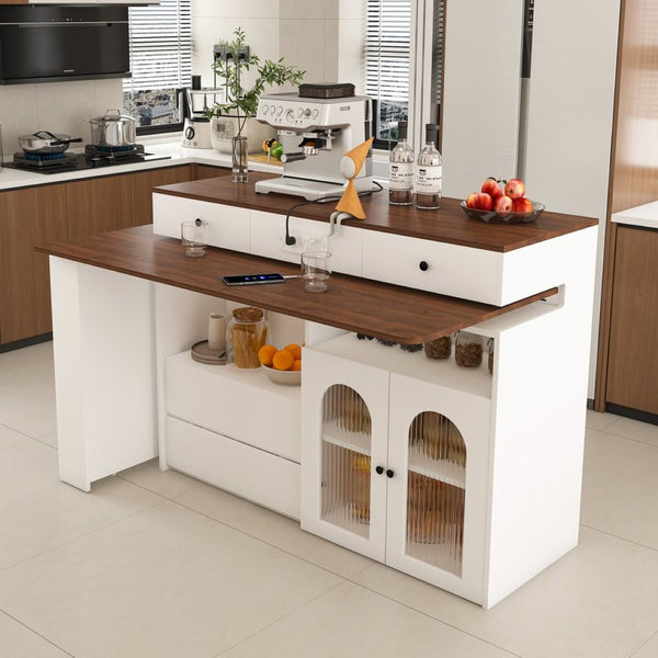 English Elm Kitchen Island Walnut Veneer Retro Expandable Dining Station with Drawers and Glass Cabinet W2700S00116