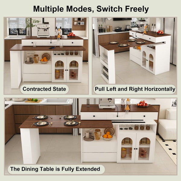 English Elm Kitchen Island Walnut Veneer Retro Expandable Dining Station with Drawers and Glass Cabinet W2700S00116