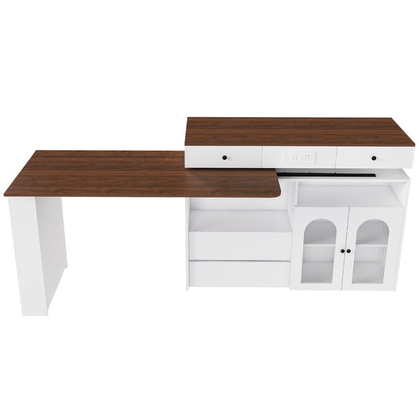 English Elm Kitchen Island Walnut Veneer Retro Expandable Dining Station with Drawers and Glass Cabinet W2700S00116