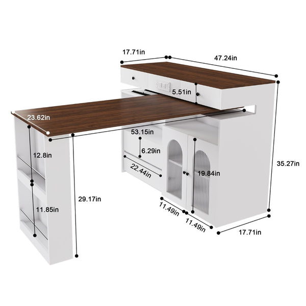 English Elm Kitchen Island Walnut Veneer Retro Expandable Dining Station with Drawers and Glass Cabinet W2700S00116