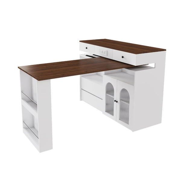 English Elm Kitchen Island Walnut Veneer Retro Expandable Dining Station with Drawers and Glass Cabinet W2700S00116