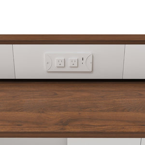 English Elm Kitchen Island Walnut Veneer Retro Expandable Dining Station with Drawers and Glass Cabinet W2700S00116