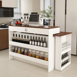 English Elm Kitchen Island Walnut Veneer Retro Expandable Dining Station with Drawers and Glass Cabinet W2700S00116