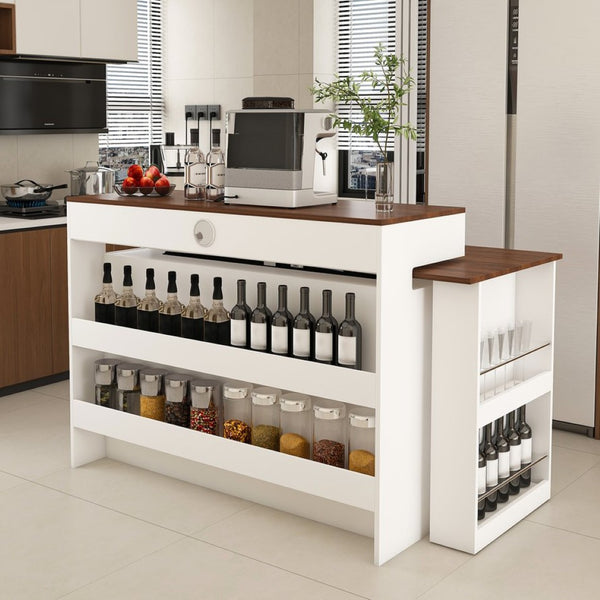 English Elm Kitchen Island Walnut Veneer Retro Expandable Dining Station with Drawers and Glass Cabinet W2700S00116
